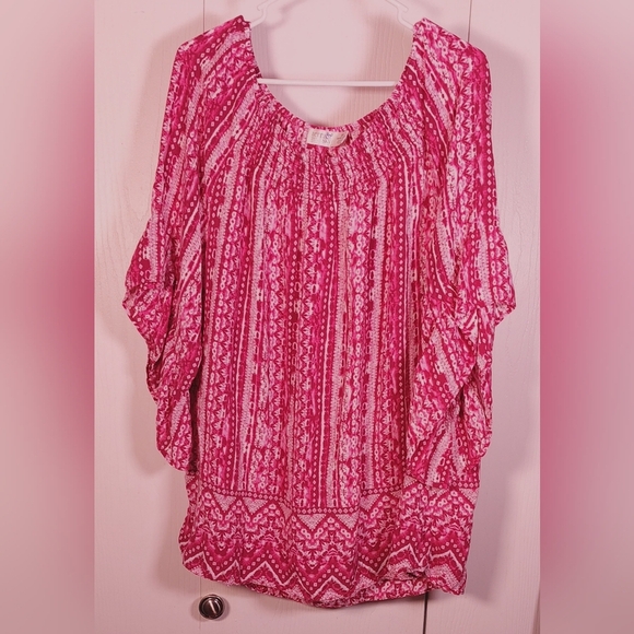 Terra & Sky Fucshia Printed Ruffle Bell Sleeve Size 2X Tunic Top Flowy Boho - Picture 2 of 10